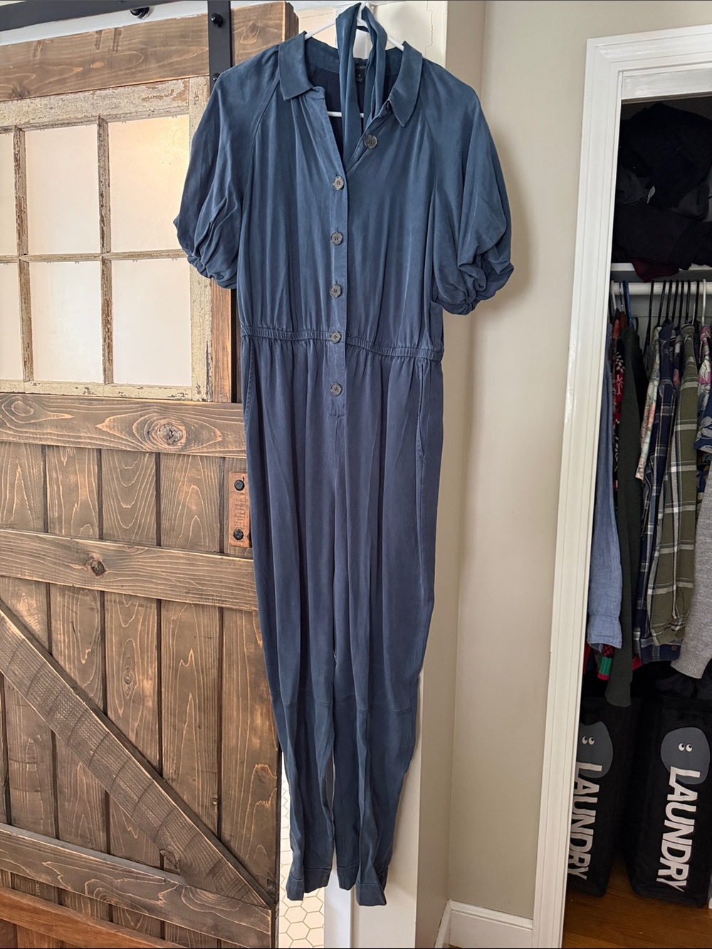 J Crww Button-Front Navy Blue Short-Sleeve Jumpsuit